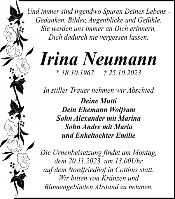 Traueranzeige Irina Neumann