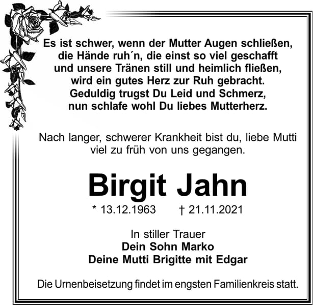 Traueranzeige Birgit Jahn