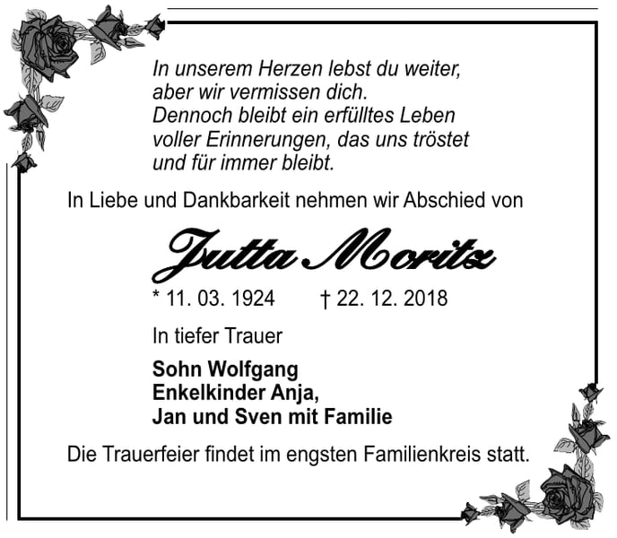Traueranzeige Jutta Moritz
