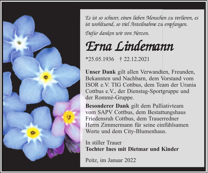 Traueranzeige Erna Lindemann