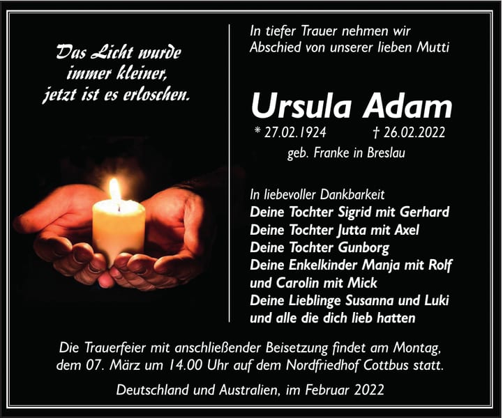 Traueranzeige Ursula Adam, geb. Franke