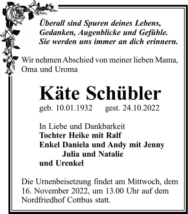 Traueranzeige Käte Schübler