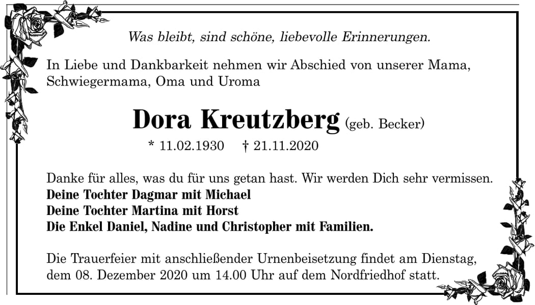 Traueranzeige Dora Kreutzberg, geb. Becker