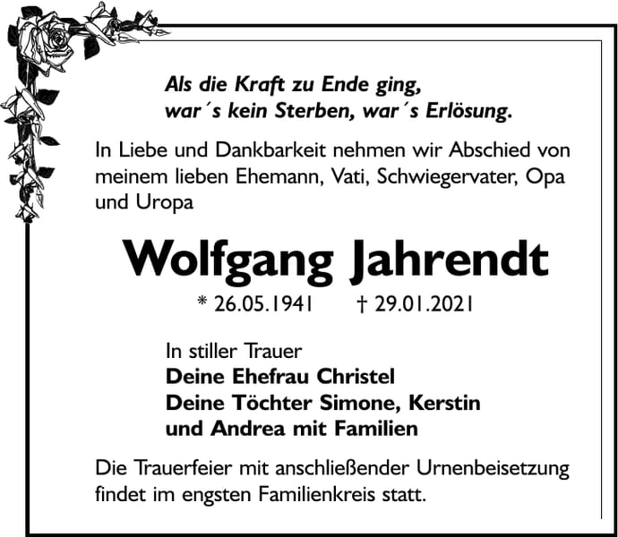 Traueranzeige Wolfgang Jahrendt