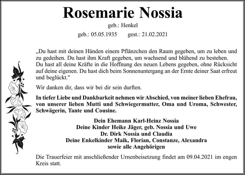 Traueranzeige Rosemarie Nossia, geb. Nossia
