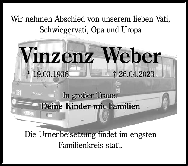 Traueranzeige Vinzenz Weber