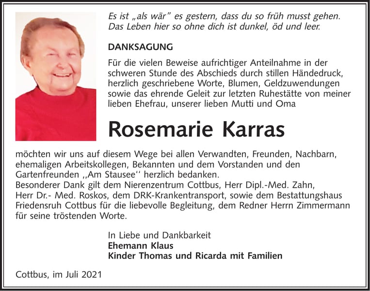 Danksagung Rosemarie Karras