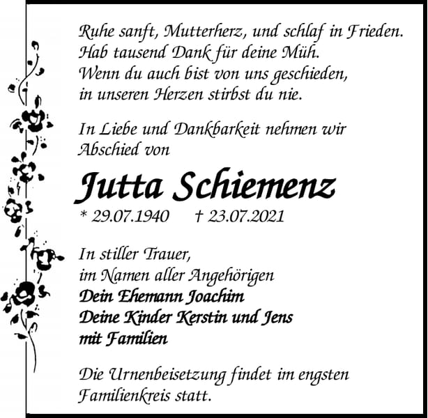 Traueranzeige Jutta Schiemenz