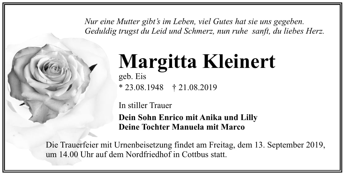 Traueranzeige Margitta Kleinert, geb. Eis