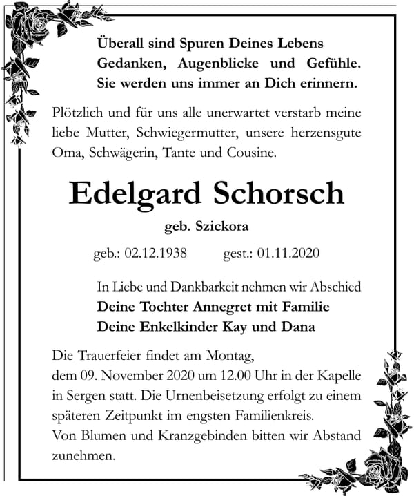 Traueranzeige Edelgard Schorsch, geb. Szickora