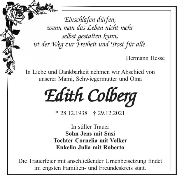 Traueranzeige Edith Colberg
