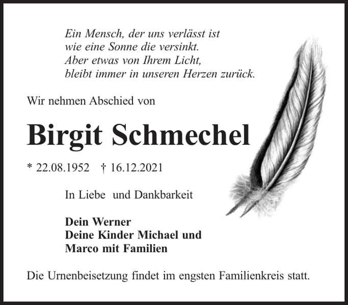 Traueranzeige Birgit Schmechel