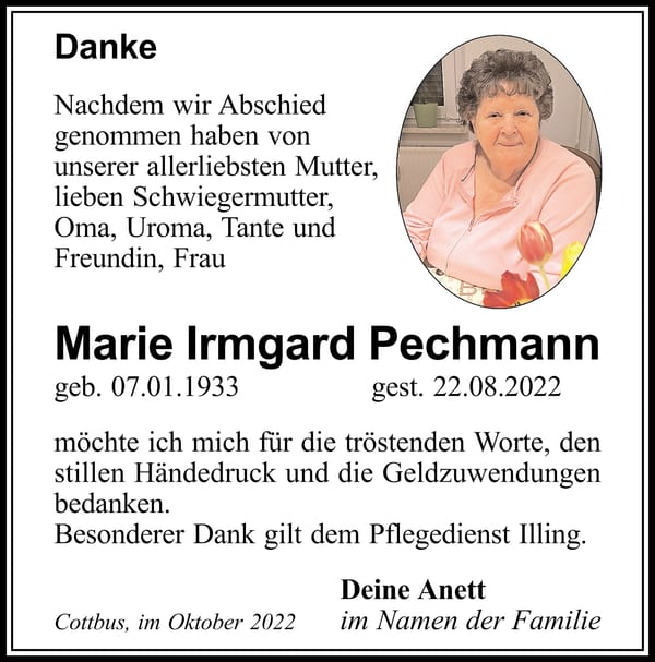 Danksagung Marie Irmgard Pechmann