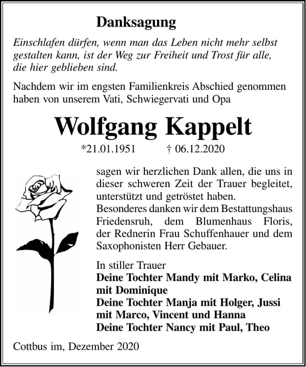 Danksagung Wolfgang Kappelt