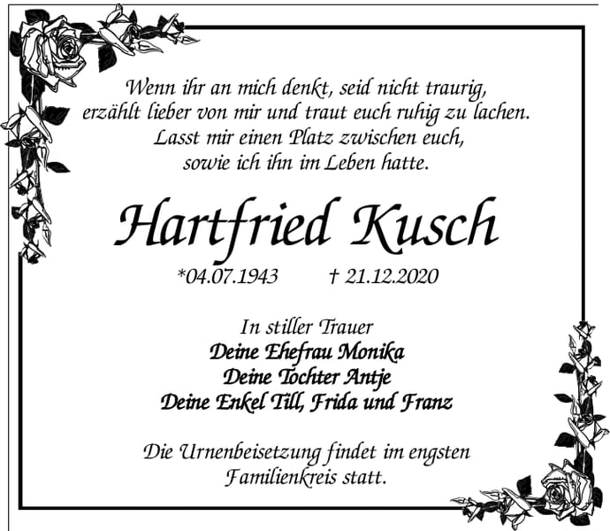 Traueranzeige Hartfried Kusch