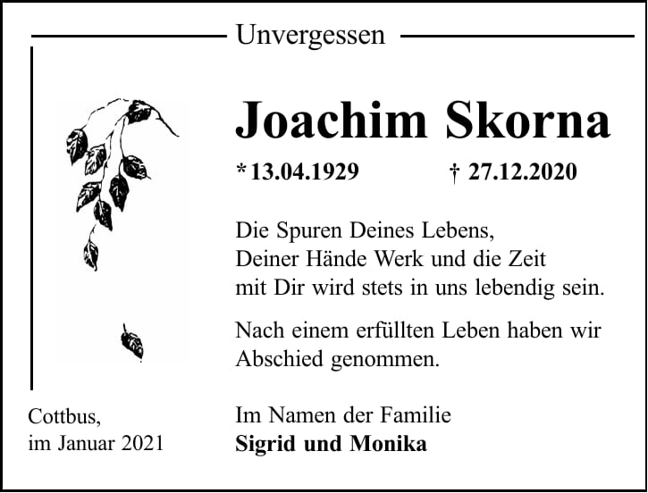 Traueranzeige Joachim Skorna