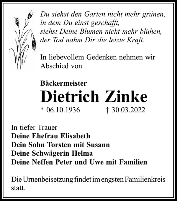 Traueranzeige Dietrich Zinke