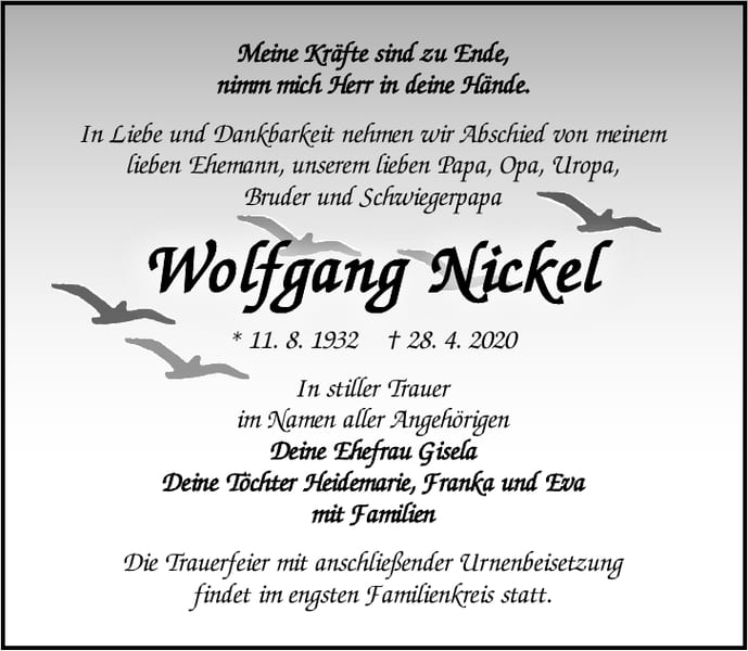 Traueranzeige Wolfgang Nickel