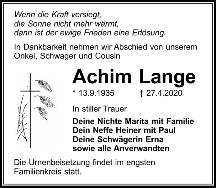 Traueranzeige Achim Lange
