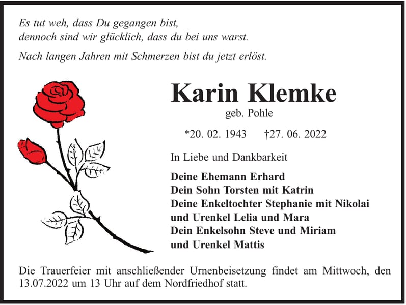 Traueranzeige Karin Klemke, geb. Pohle