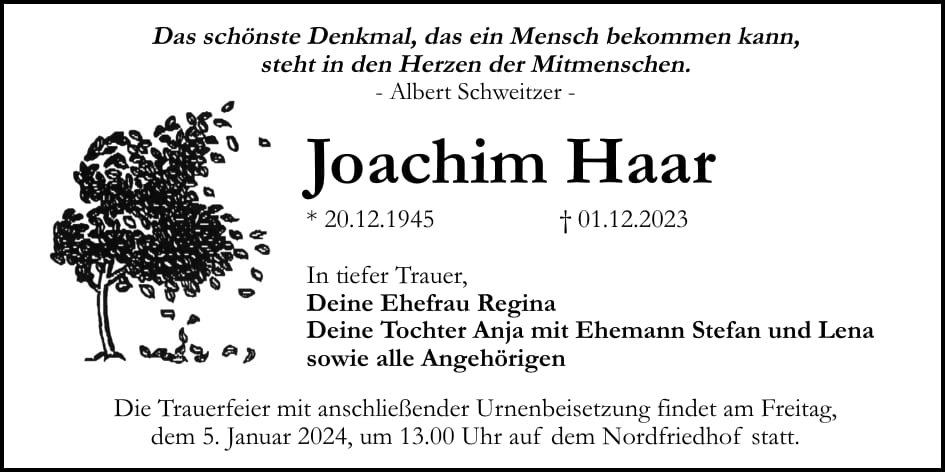 Traueranzeige Joachim Haar