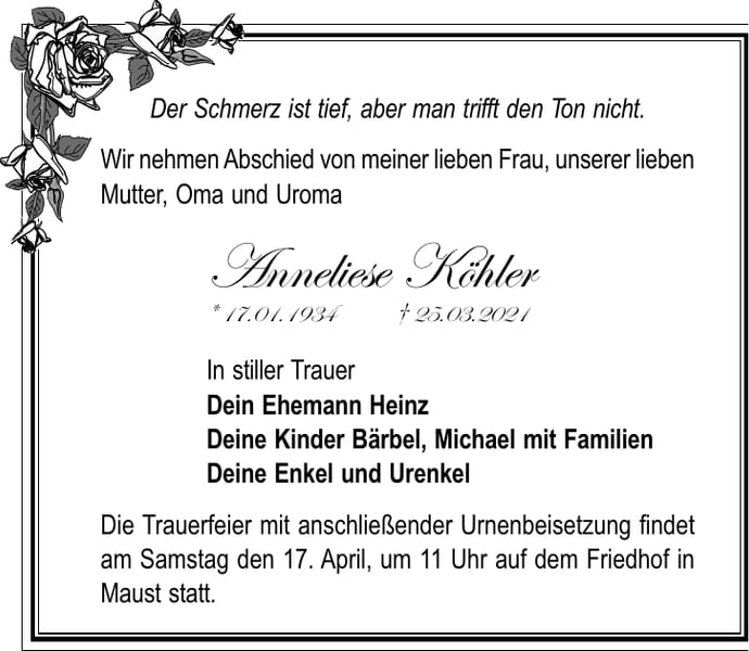 Traueranzeige Anneliese Köhler