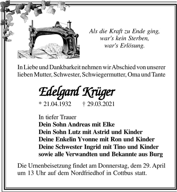 Traueranzeige Edelgard Krüger