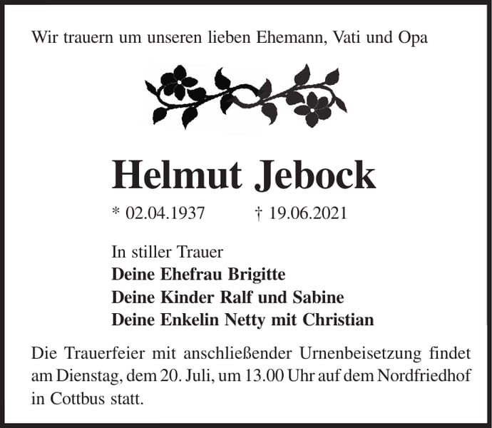 Traueranzeige Helmut Jebock