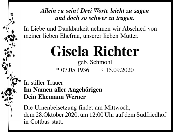 Traueranzeige Gisela Richter, geb. Schmohl