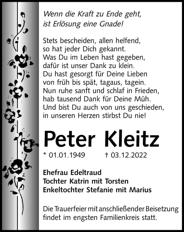 Traueranzeige Peter Kleitz