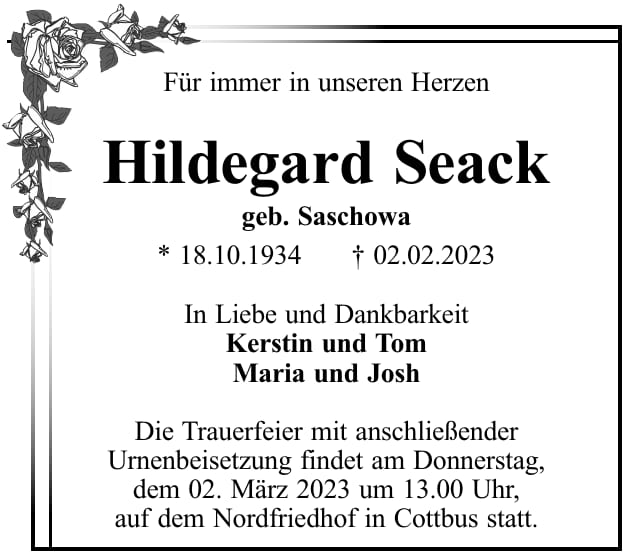Traueranzeige Hildegard Seack, geb. Saschowa