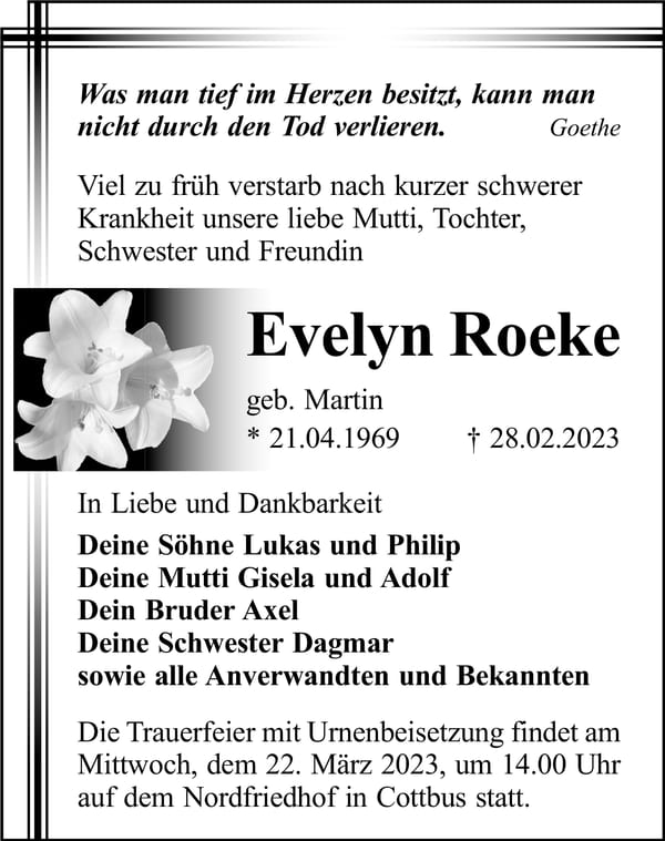 Traueranzeige Evelyn Roeke, geb. Martin