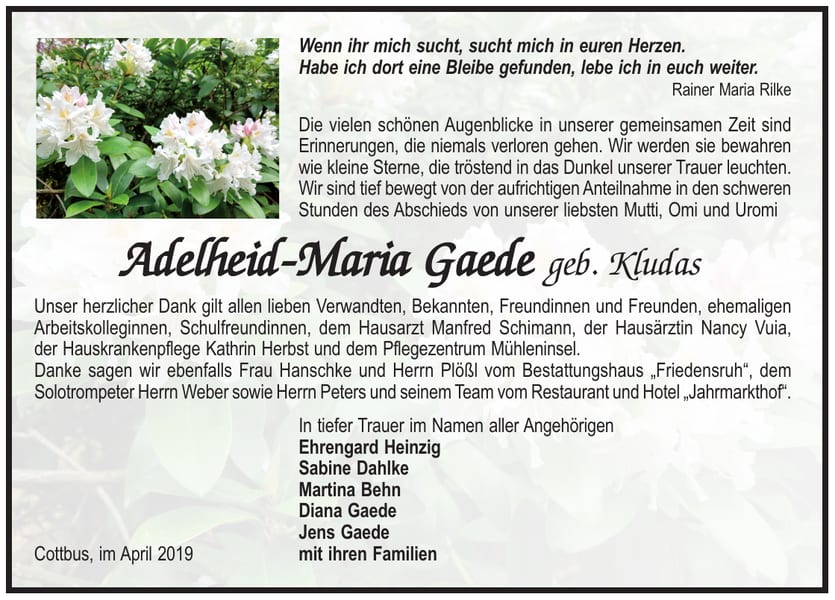 Danksagung Adelheid-Maria Gaede, geb. Kludas