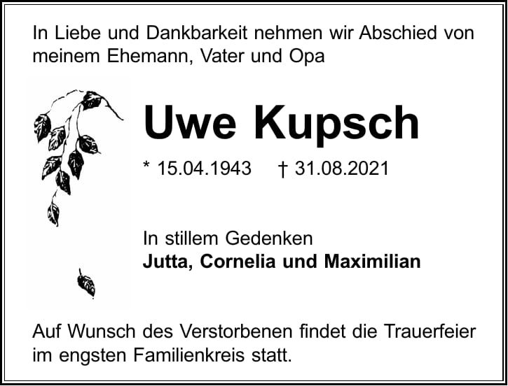 Traueranzeige Uwe Kupsch