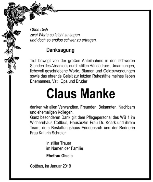 Danksagung Claus Manke