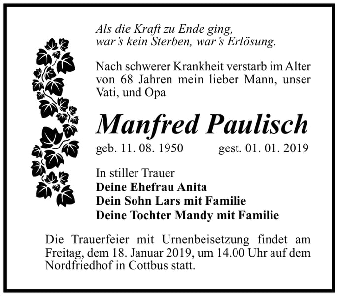 Traueranzeige Manfred Paulisch