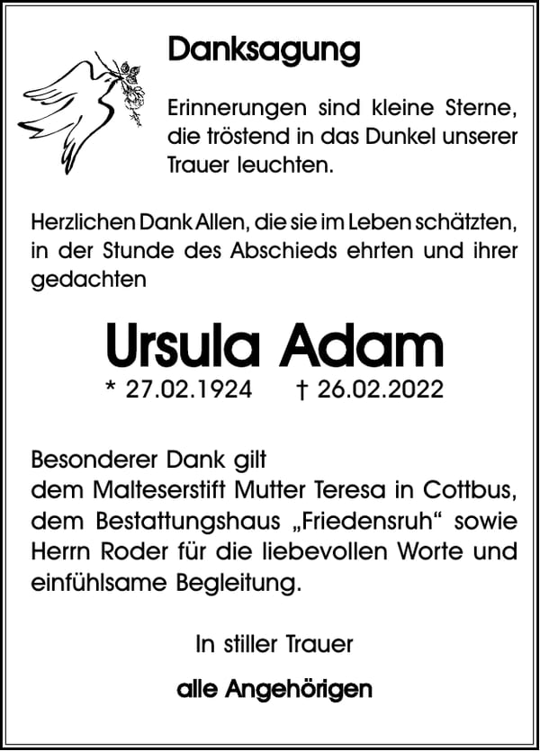 Danksagung Ursula Adam