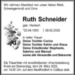 Traueranzeige Ruth Schneider, geb. Hanisch
