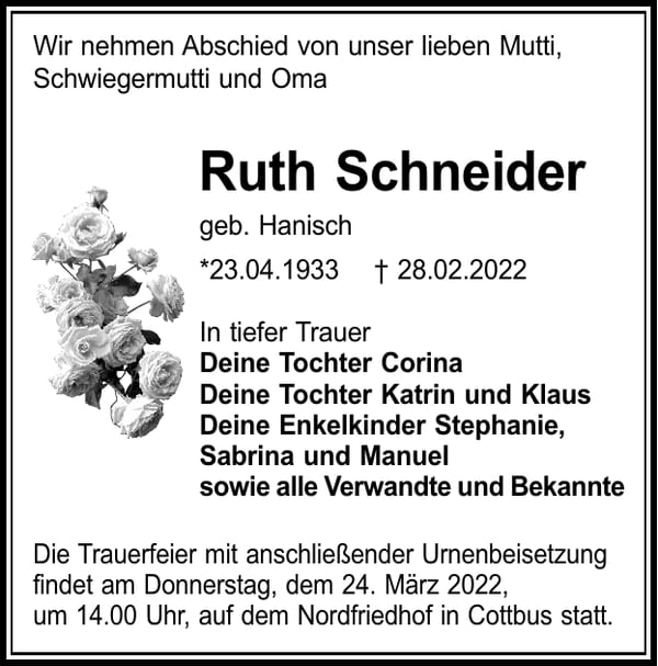 Traueranzeige Ruth Schneider, geb. Hanisch