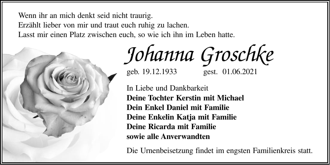 Traueranzeige Johanna Groschke