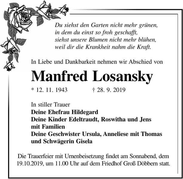 Traueranzeige Manfred Losansky