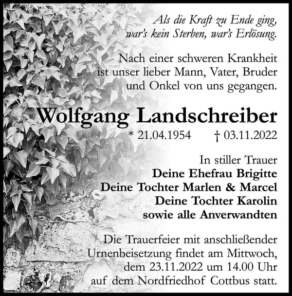 Traueranzeige Wolfgang Landschreiber