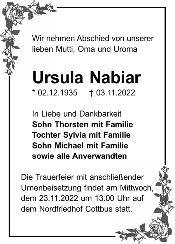 Traueranzeige Ursula Nabiar