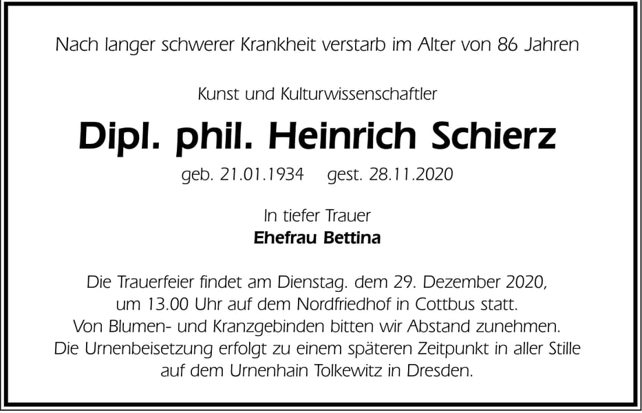 Traueranzeige Dipl. phil. Heinrich Schierz