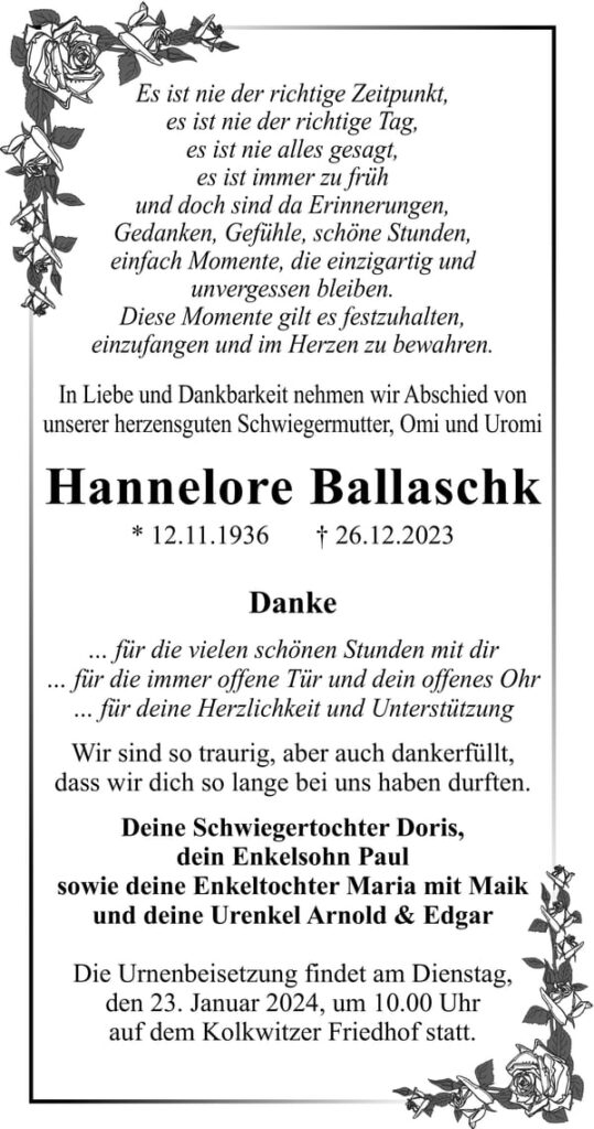 Traueranzeige Hannelore Ballaschk