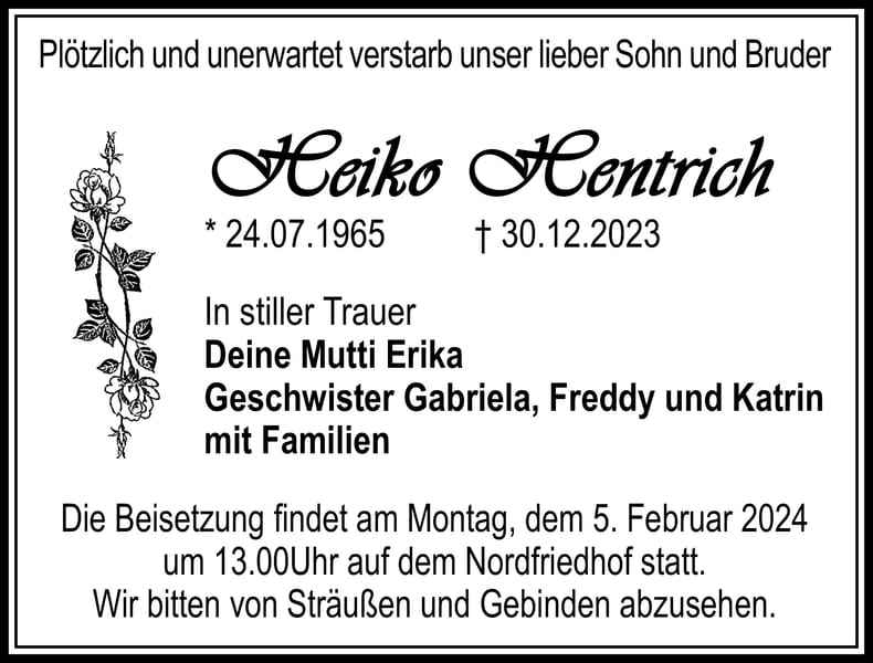 Traueranzeige Heiko Hentrich