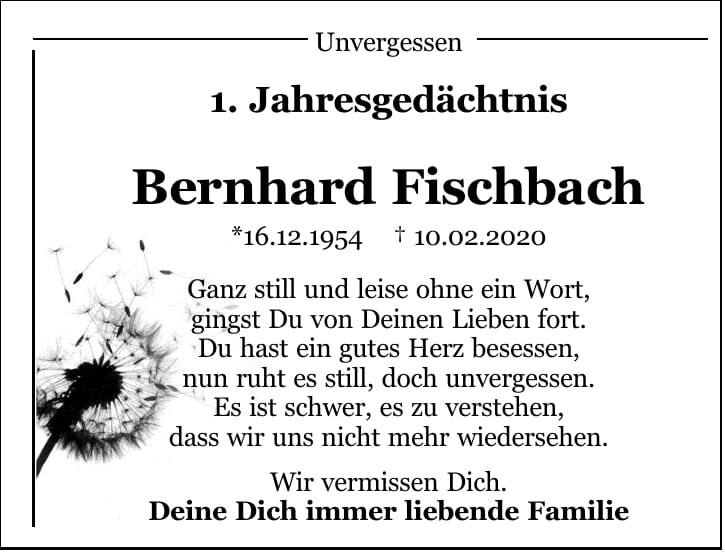 Traueranzeige Bernhard Fischbach