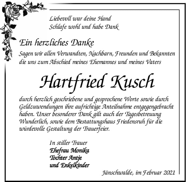 Danksagung Hartfried Kusch
