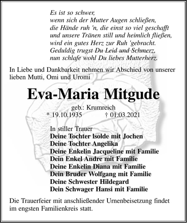 Traueranzeige Eva-Maria Mitgude