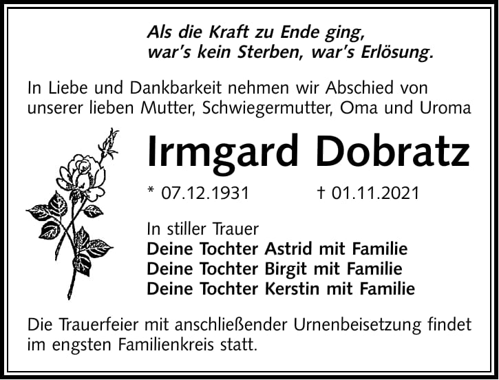 Traueranzeige Irmgard Dobratz